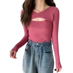 [FUPUTWO] リブニット セーター レディース セクシー トップス 胸あき タイト 長袖 (ピンク) [ピンク] [Free Size]