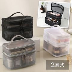 2段バニティポーチ メッシュタイプ 持ち手付き バニティケース 化粧ポーチ お風呂 スパバッグ ブラック グレー ホワイト 温泉 軽量 大容量 GPT gu1c006