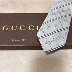美品 GUCCI グッチ シルク 100％ シルバー系 ペールグレー ストライプ柄 254-726