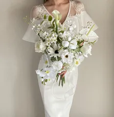 ウェディングブーケ　ブートニア　アーティフィシャルフラワー　ブーケ　pureWhiteクラッチブーケ