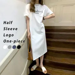 ホワイト シャツワンピース ワンピース レディース 半袖 春 夏 黒 白 Tシャツ ロゴ プリント ひざ丈 ロング [郵2]^w709^