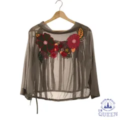 ☆美品 トップス カットソー シアー ワンポイント 刺繍 長袖 レディース 総柄 901-12180 送料無料 古着