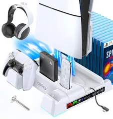 【アップグレード版】新型PS5 縦置き 冷却 スタンド 3段階ファン速度調整 OIVO PS5コントローラー充電 2台同時充電 PS5冷却ファン LED充電指示ランプ RGB呼吸ライト ヘッドセットフック ディスクドライブとリモコン 収納 多機能 