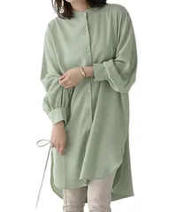 [Elixio] [エリクシオ] ゆったり シャツワンピース ワンピース レディース チュニック シャツ 長袖 薄手 襟なし ノーカラー 羽織り パフスリーブ 大きめ 体型カバー カジュアル 秋 秋服 (M, グリーン) [グリーン] [M]