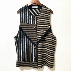 #snc シセンドウ ヒトシタムラ 詩仙堂 HITOSHI TAMURA ベスト・ジレ 黒 カーキ ちりめん ボーダー ストライプ 美品 レディース [967324]