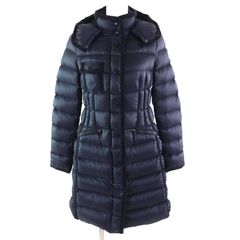 美品△MONCLER モンクレール HERMINE エルミンヌ ロゴワッペン フード付き ロングダウンコート ネイビー 0 正規品 レディース 美シルエット