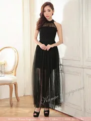 キャバドレス　ナイトドレス　ＴＩＫＡ　ティカ　セクシードレス　チュールロングドレス　ピアノリサイタル 【透け感がsexyなチュールロングドレス♪】【Tika ティカ】ホルターネックチュールロングドレス ブラック　レッド　ホワイト