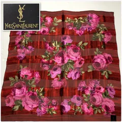 ■未使用タグ付き■Yves saint Laurent イヴサンローラン　大判スカーフ　花柄　フラワー　ボーダー　総柄　87×87cm シルク100% レッド×ピンク　レディース
