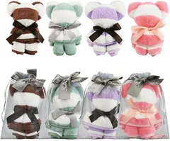 彩食美 くまちゃんハンカチ 8個セット ボーダー柄 ハンドタオル ギフト お礼 引出物 餞別 男女兼用 業務用(4色,  小)