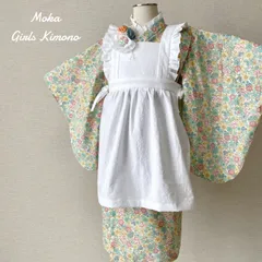 3歳お着物＆被布エプロンセット　花柄ミント×ホワイト　ハンドメイド