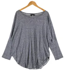 美品 ノーブランド  ドルマンTシャツ ボーダー 春夏 SS カットソー リネン ネイビー レディース M【古着】【中古】【送料無料】