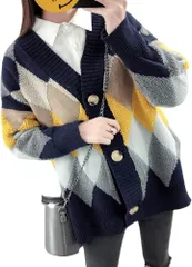 Dep Club ほっこり暖かい ニット レディース ゆったり 体型カバー カーディガン おしゃれ 防寒 長袖 大きいサイズ ふわふわ もこもこ アーガイル 春 秋 冬(ネイビー,  Free Size)