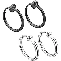 Calors Vitton イヤリング  ステンレスノンホールフープ 両耳用 シルバー&ブラック(内径 12mm)