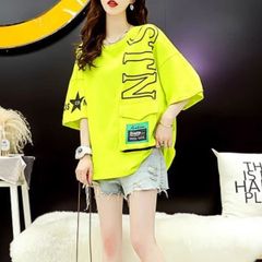 Tシャツ トップス 半袖 ネオン 蛍光 ポケット 大きいサイズ レディース ロゴ プリント カットソー ストリート パンク 派手 インパクト かっこいい オーバーサイズ ゆったり ヒップホップ ダンス 衣装 体系カバー 春夏 夏服 白 黒 ティーシャツ