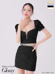 ブラック[OF2] [GL3922-B-2502]【Glossy/グロッシー】ビジュー/ リブニット/ ウエストシアー/ タイト/ セットアップ/ ミニドレス/ キャバドレス