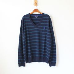 346 ブルックスブラザーズ Vネック ニット EXTRA FINE MERINO ネイビーにブルーの細ボーダー柄 L(w-4420703)のサムネイル