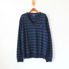 346 ブルックスブラザーズ Vネック ニット EXTRA FINE MERINO ネイビーにブルーの細ボーダー柄 L（w-4420703）
