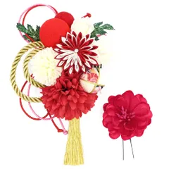 髪飾り 成人式 つまみ細工 振袖 前撮り 袴 花 2点セット 赤 白 ゴールド ピンク ちりめん 剣つまみ ラインストーン 房 組紐 玉 No.12-0823