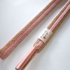 帯締め　ピンク金　絹　手組み