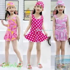 【美品・未使用新品】2点セット 水着 ワンピース 水泳帽付き 可愛い かわい 子供水着 女の子 ガールズ 水遊び 水泳帽子 キッズ 幼児 夏 水泳 スイミング 子ども水着