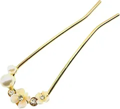 Miaomyao ミャオミャオ 簪 かんざし バチ型 髪飾り 和装 留袖 着物 金属 キュービックジルコニア フラワー 梅の花 白梅 パール ビジュー U字 コーム ヘアアクセサリー ゴールド(Gold,  小さめ)