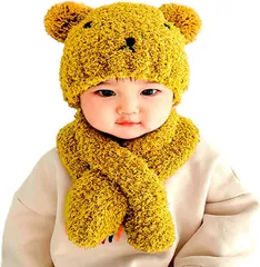 ｍiaotti ミャオッティ ベビーニット帽子 マフラー 2点セット くま 赤ちゃん 新生児 冬 耳付き 防寒対策 0～2歳 フリーサイズ(イエロー,  3-3 Years)