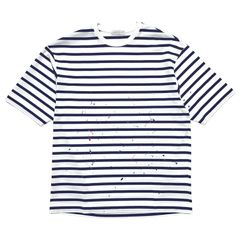TOMORROWLAND トゥモローランド メンズ Ｔシャツ / ペンキ ペインティング ボーダー柄 クルーネックＴシャツ ホワイト × ネイビー / 半袖 丸首 日本製 / 63-11-42-11603