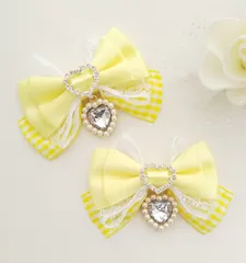 ヘアクリップリボン 黄色 イエロー ギンガムチェック 量産型 ハート 地雷 ロリィタ ロリータ ゴスロリ アイドル サブカル 天使界隈 推し 姫系 イベント ヘアメ