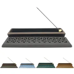 【累計1万本突破】蘭香堂 お香立て 線香立て 香炉 横置き香炉【真鍮製香立付き 難燃綿付き 陶器製 おしゃれなお香立 香皿】(ダークブラウン)