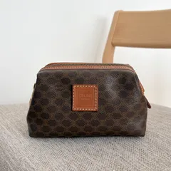 【美品】セリーヌ  ポーチ マカダム柄 コスメケース小物入れ PVC ブラウン茶 バック カーフ レザー バック 本革 ショルダー バッグ ブラウン系 ゴールド金具 肩掛け かばん Celine Vintage Clutch Bag Pouch 22122