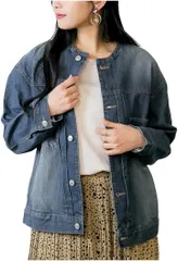 Crossmarbery(クロスマーベリー) デニムジャケット レディース ゆったり ブルゾン Gジャン ジージャン 暖かい ラウンドカラー 秋 冬 カジュアル ストリート 韓国 ファッション おしゃれ 大人 長袖 ショート丈(ブルー,  3L)