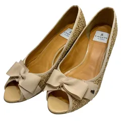 【美品】ランバンオンブルー (24.5) パンプス オープントゥ 本革 レザー リボン ウェッジソール 希少デザイン