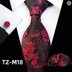 ネクタイ　ポケットチーフ　カフスボタン　3点 花柄　レッド　ブラック　結婚式　ビジネス　イベント　パーティー　発表会　卒業式　卒園式　入社式　入学式　成人式　父の日　七五三　お祝い　クリスマス　ダンスパーティー　バーテンダー