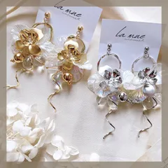 大ぶりデザイン♡【304ステンレス 24KGP 本金メッキ】メタル フラワー フープ オーロラ パール 花びら お花 ガラス マット ゴールド シルバー ピアス ボリューミー ウェディング ブライダル ハンドメイドピアス アレルギー対応【イヤリング変更可能】