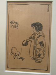 木版画　「 少女と犬 」　サカモト　額装品