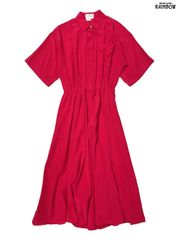 古着 前開き 無地 シルク100％ ロング丈 半袖 ワンピース ピンク (otu2506081)