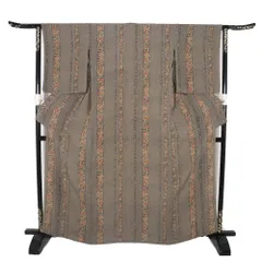 単衣 縮緬小紋 正絹 グレー 橙色 唐花 横縞 トールサイズ ki27901 美品 夏着物 レディース 6月9月10月シーズン 送料込み