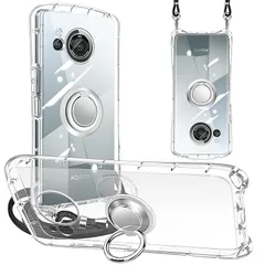 AQUOS R8 ケース ショルダー ストラップ付 リング クリア SH-52D カバー 透明 縄掛け 肩掛け 斜めかけ TPU 耐衝撃 スタンド機能 横置き マグネット式車載ホルダー 韓国 可愛い アクオス r8 sh52d スマホケース 1