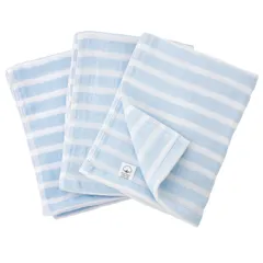 【在庫セール】薄手 泉州タオル 日本製 フェイスタオル 速乾 ボーダー 3枚セット 2重ガーゼ アイスブルー ムコタオル