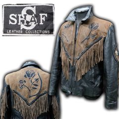 SHAF ビンテージ フリンジジャケット レザー XL 80's/90's ウエスタン オーバーレイ インレイ カウボーイ US古着