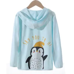☆ ペンギン×ライトブルー ☆ 110cm ☆ キッズ UVカット パーカー アニマル 速乾 薄手 ykmd5151 uvカット パーカー キッズ ジップアップ ファスナー 長袖 羽織 羽織り 薄手 uv uv対策 速乾 子供 子ども こども 日焼け止め