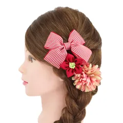 髪飾り 成人式 つまみ細工 赤 振袖 前撮り 袴 リボン 3点セット ピンク 白 ゴールド ちりめん 縞 ストライプ ボーダー かんざ No.9-5120