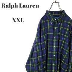 Ralph Lauren ラルフローレン 長袖ボタンダウンシャツ ワンポイントロゴ ポニー刺繍 ネイビー グリーン イエロー チェック 大きいサイズ メンズ XXXLサイズ