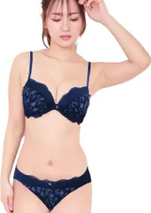 Laulea Akoakoa(ラウレアアコアコア) レディース ブラジャー ショーツ セット 女性 下着 花柄 刺繍 レース 脇高(ネイビー,  B70)