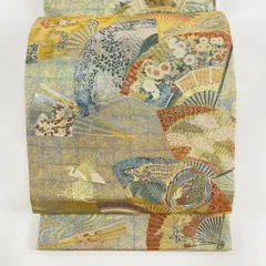 袋帯 美品 名品 落款 徳川美術館秘蔵 能楽百扇 花鳥 金糸 箔 金色 お太鼓柄 正絹 【中古】