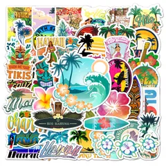 アロハ防水ステッカー 50枚 ハワイトラベルシールパック ブランドステッカースーツケース 車 バイク ハワイステッカーセット ヘルメット スケボー ギターなどに適用
