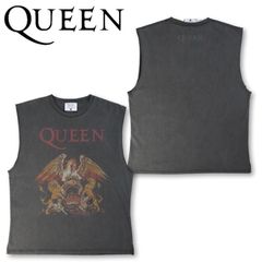 新品 メンズ QUEEN クイーン ノースリーブ トップス カットソー ロゴ エンブレム プリント ロック ロックT バンドT ヴィンテージ風 ウォッシュ加工 ワイドシルエット ユニセックス レディース グレー チャコール