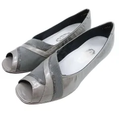 新品同様 GINZA Yoshinoya 銀座ヨシノヤ オープントゥ タウン パンプス エナメル シューズ 靴 23.5EW グレージュ レディース 古着 中古 USED