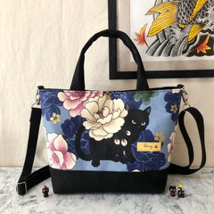2WAY猫柄ミニトートバッグ 黒猫と牡丹 ネイビー&ブラック ハンドメイド メンズ レディース ハンドバッグ