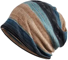 KISSTYLE(キスタイル) 帽子 メンズ レディース ニット帽 薄手 ふんわり コットン オールシーズン ボーダー(キャメルターコイズ)